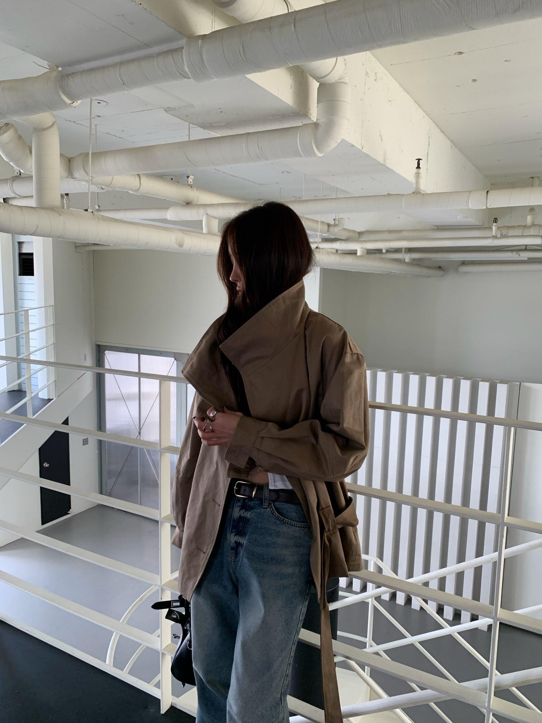 大圓扣腰綁帶風衣外套